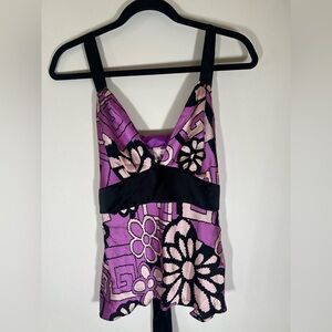 Vintage Y2K Alice & Trixie purple black floral silk babydoll tieback blouse L